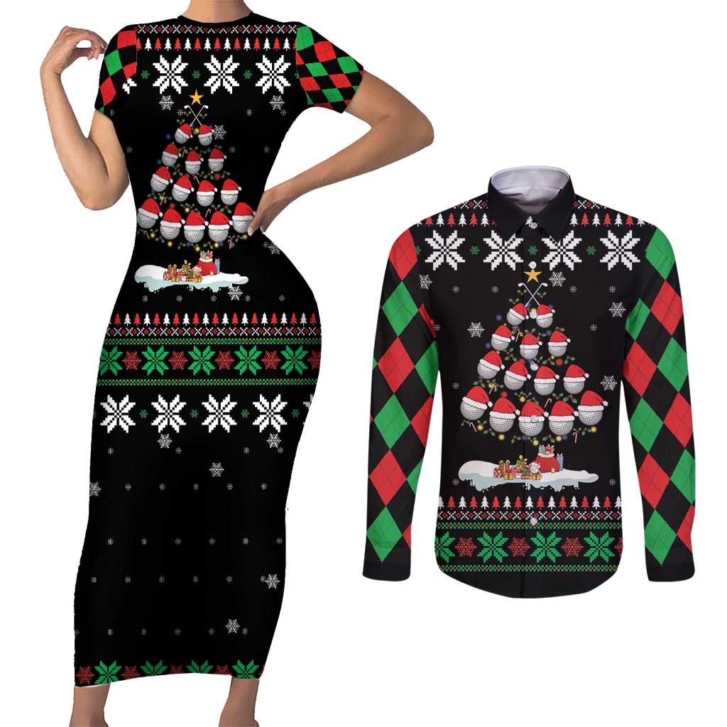 Golf Christmas Tree Snow Couples Matching Short Sleeve Bodycon Dress and Long Sleeve Button Shirt - Wonder Print Shop