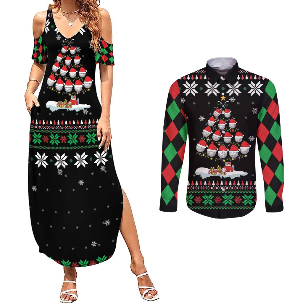 Golf Christmas Tree Snow Couples Matching Summer Maxi Dress and Long Sleeve Button Shirt - Wonder Print Shop