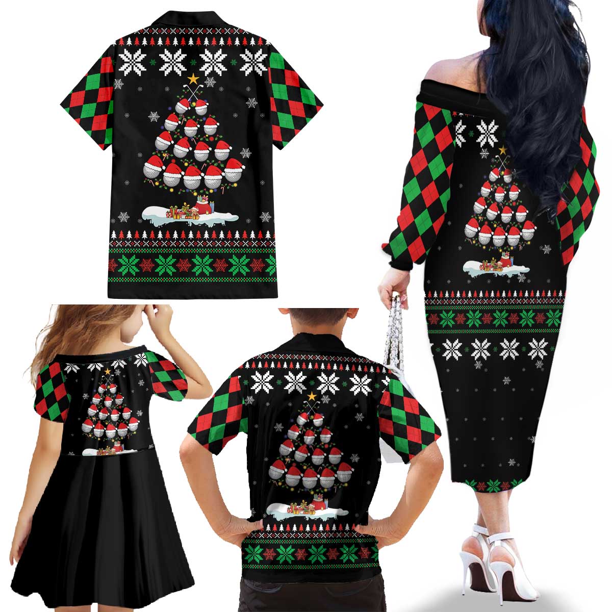 Golf Christmas Tree Snow Family Matching Off The Shoulder Long Sleeve Dress and Hawaiian Shirt - Wonder Print Shop