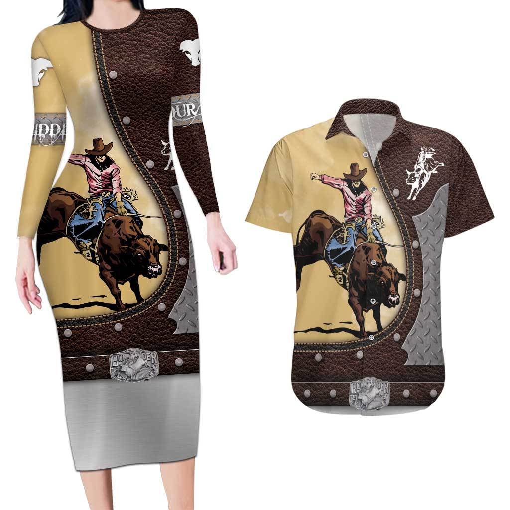 Personalized Name Bull Riding Couples Matching Long Sleeve Bodycon Dress and Hawaiian Shirt Cowboy Courage Rodeo