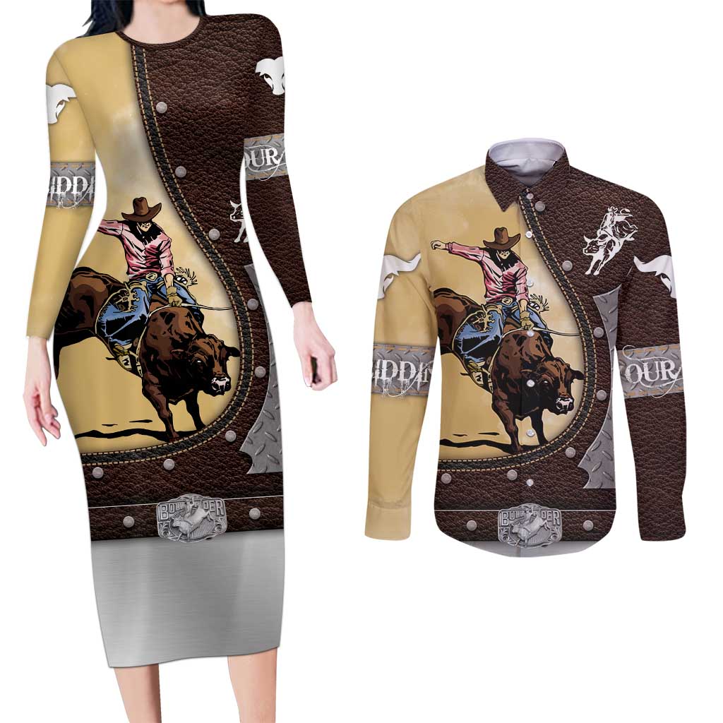 Personalized Name Bull Riding Couples Matching Long Sleeve Bodycon Dress and Long Sleeve Button Shirt Cowboy Courage Rodeo