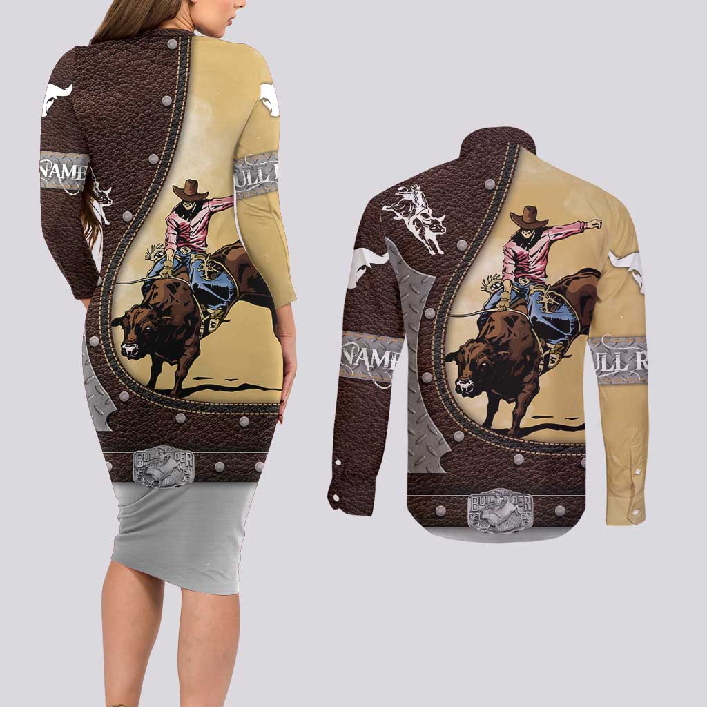 Personalized Name Bull Riding Couples Matching Long Sleeve Bodycon Dress and Long Sleeve Button Shirt Cowboy Courage Rodeo