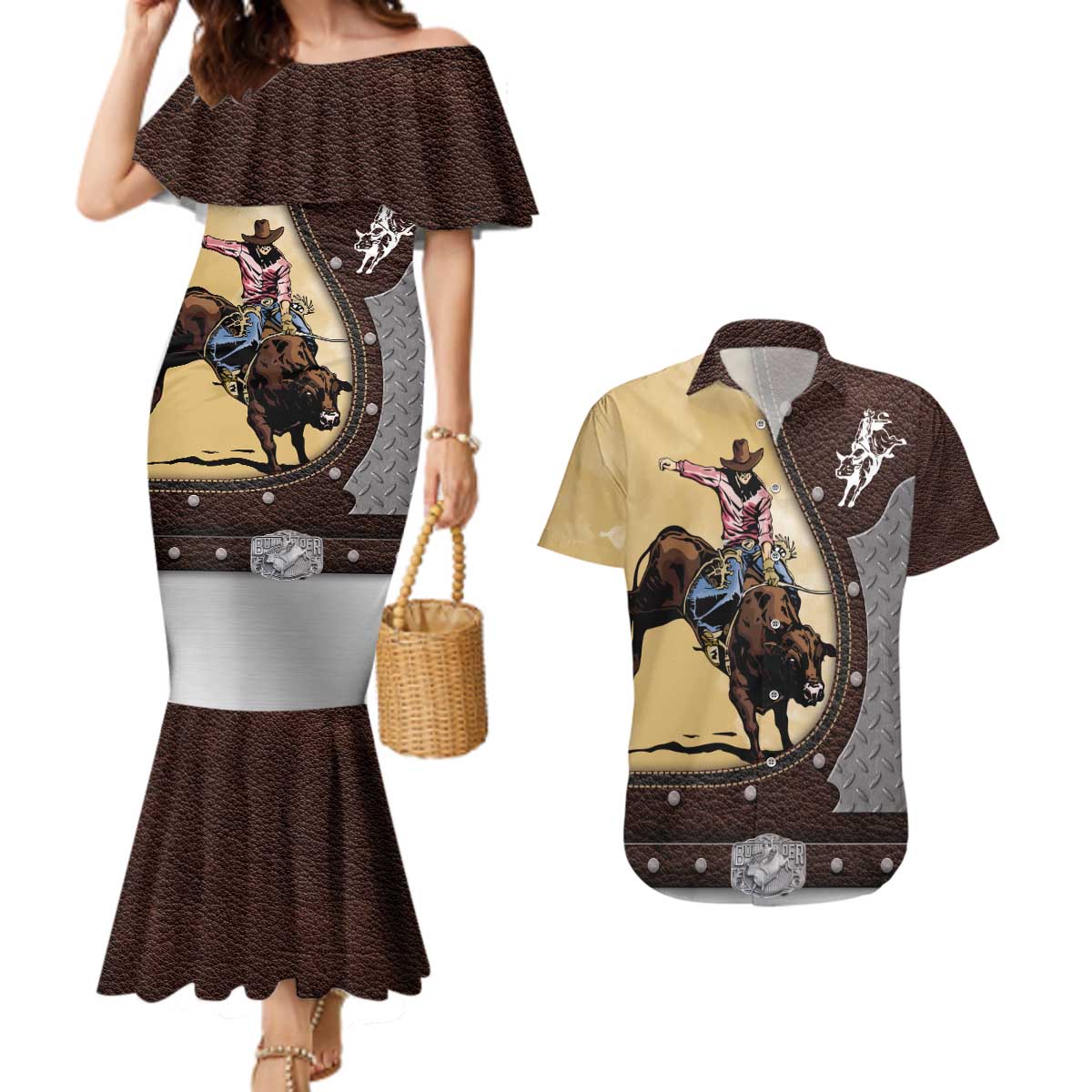 Personalized Name Bull Riding Couples Matching Mermaid Dress and Hawaiian Shirt Cowboy Courage Rodeo