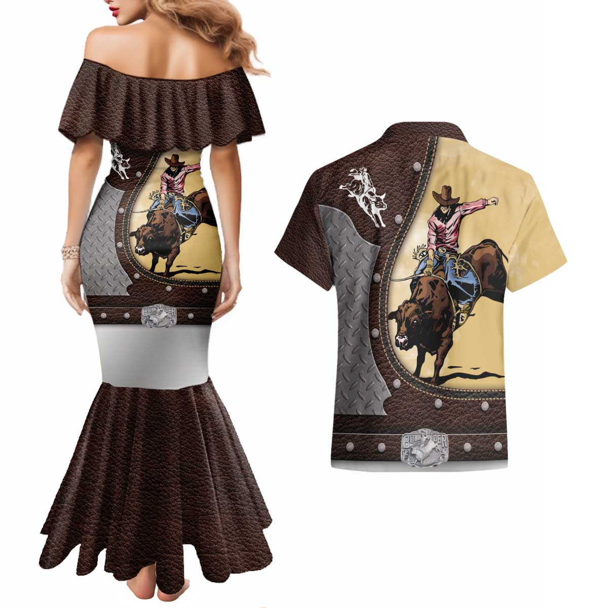 Personalized Name Bull Riding Couples Matching Mermaid Dress and Hawaiian Shirt Cowboy Courage Rodeo