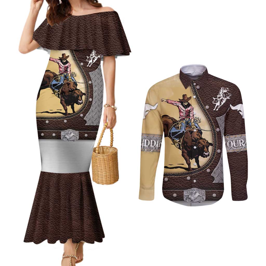 Personalized Name Bull Riding Couples Matching Mermaid Dress and Long Sleeve Button Shirt Cowboy Courage Rodeo