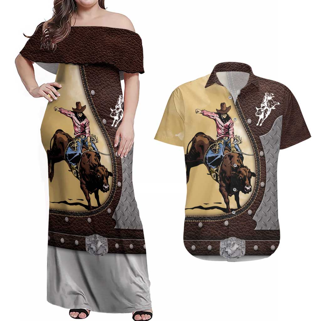 Personalized Name Bull Riding Couples Matching Off Shoulder Maxi Dress and Hawaiian Shirt Cowboy Courage Rodeo