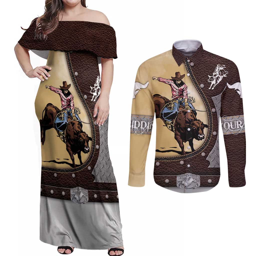 Personalized Name Bull Riding Couples Matching Off Shoulder Maxi Dress and Long Sleeve Button Shirt Cowboy Courage Rodeo