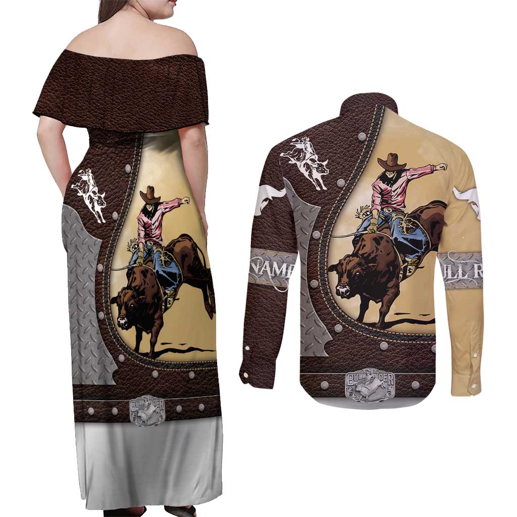 Personalized Name Bull Riding Couples Matching Off Shoulder Maxi Dress and Long Sleeve Button Shirt Cowboy Courage Rodeo