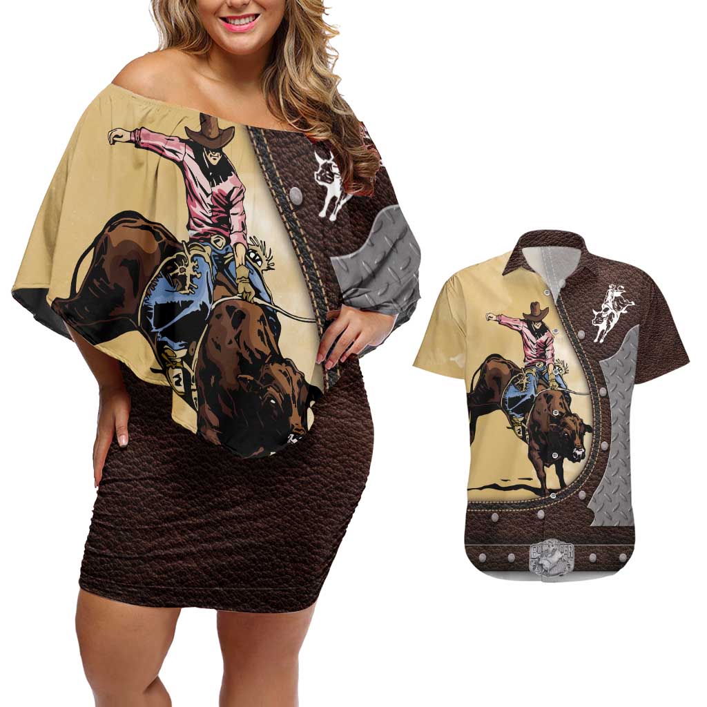 Personalized Name Bull Riding Couples Matching Off Shoulder Short Dress and Hawaiian Shirt Cowboy Courage Rodeo