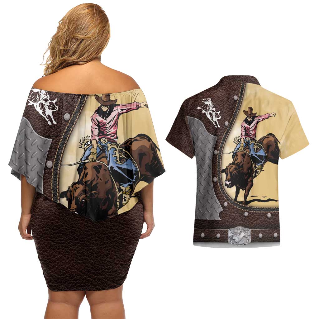 Personalized Name Bull Riding Couples Matching Off Shoulder Short Dress and Hawaiian Shirt Cowboy Courage Rodeo
