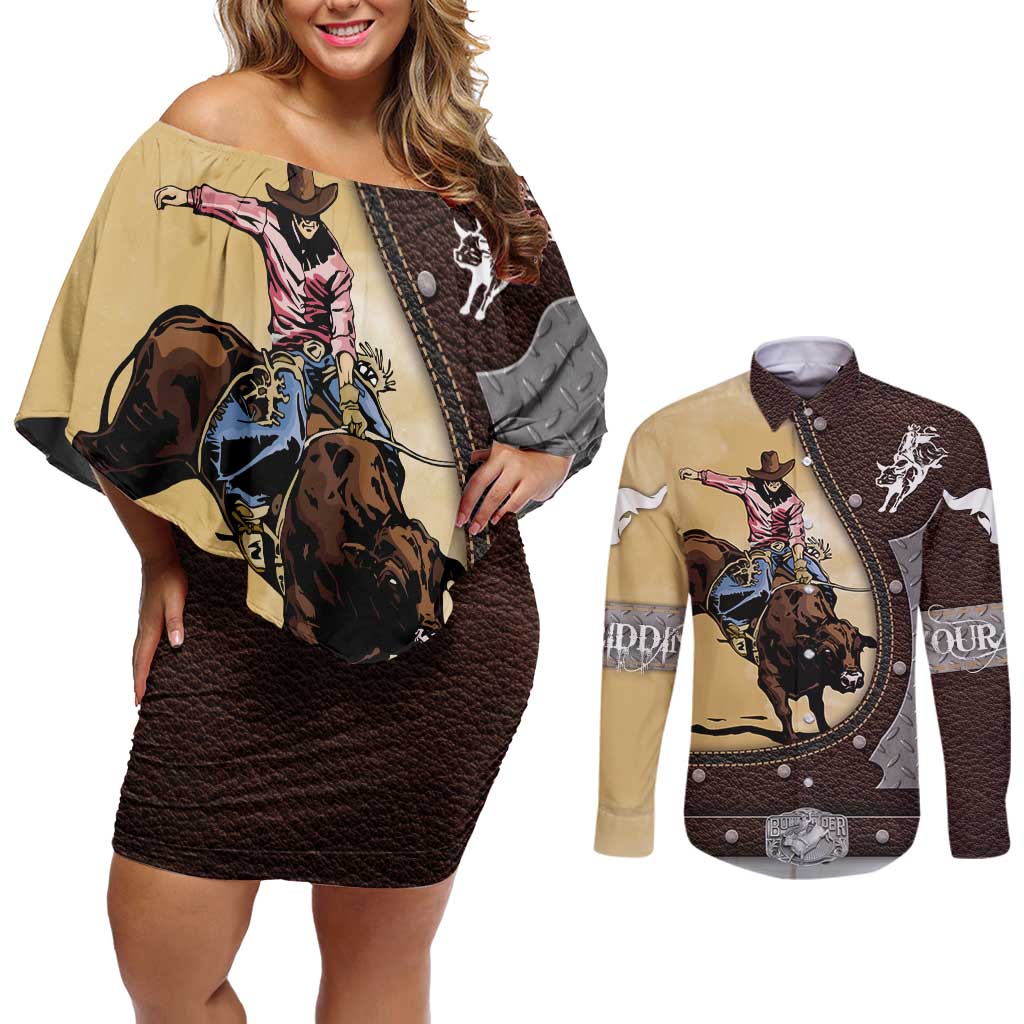 Personalized Name Bull Riding Couples Matching Off Shoulder Short Dress and Long Sleeve Button Shirt Cowboy Courage Rodeo