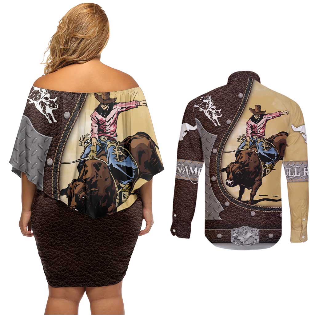 Personalized Name Bull Riding Couples Matching Off Shoulder Short Dress and Long Sleeve Button Shirt Cowboy Courage Rodeo