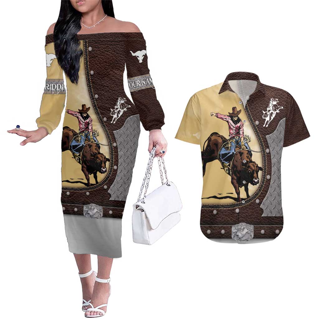 Personalized Name Bull Riding Couples Matching Off The Shoulder Long Sleeve Dress and Hawaiian Shirt Cowboy Courage Rodeo