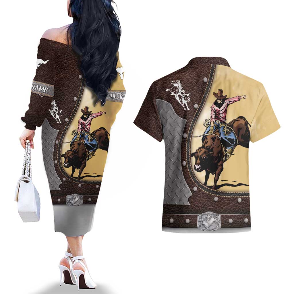 Personalized Name Bull Riding Couples Matching Off The Shoulder Long Sleeve Dress and Hawaiian Shirt Cowboy Courage Rodeo