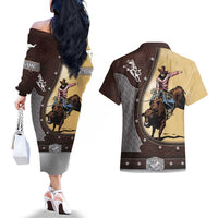 Personalized Name Bull Riding Couples Matching Off The Shoulder Long Sleeve Dress and Hawaiian Shirt Cowboy Courage Rodeo