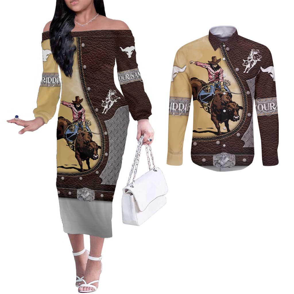 Personalized Name Bull Riding Couples Matching Off The Shoulder Long Sleeve Dress and Long Sleeve Button Shirt Cowboy Courage Rodeo