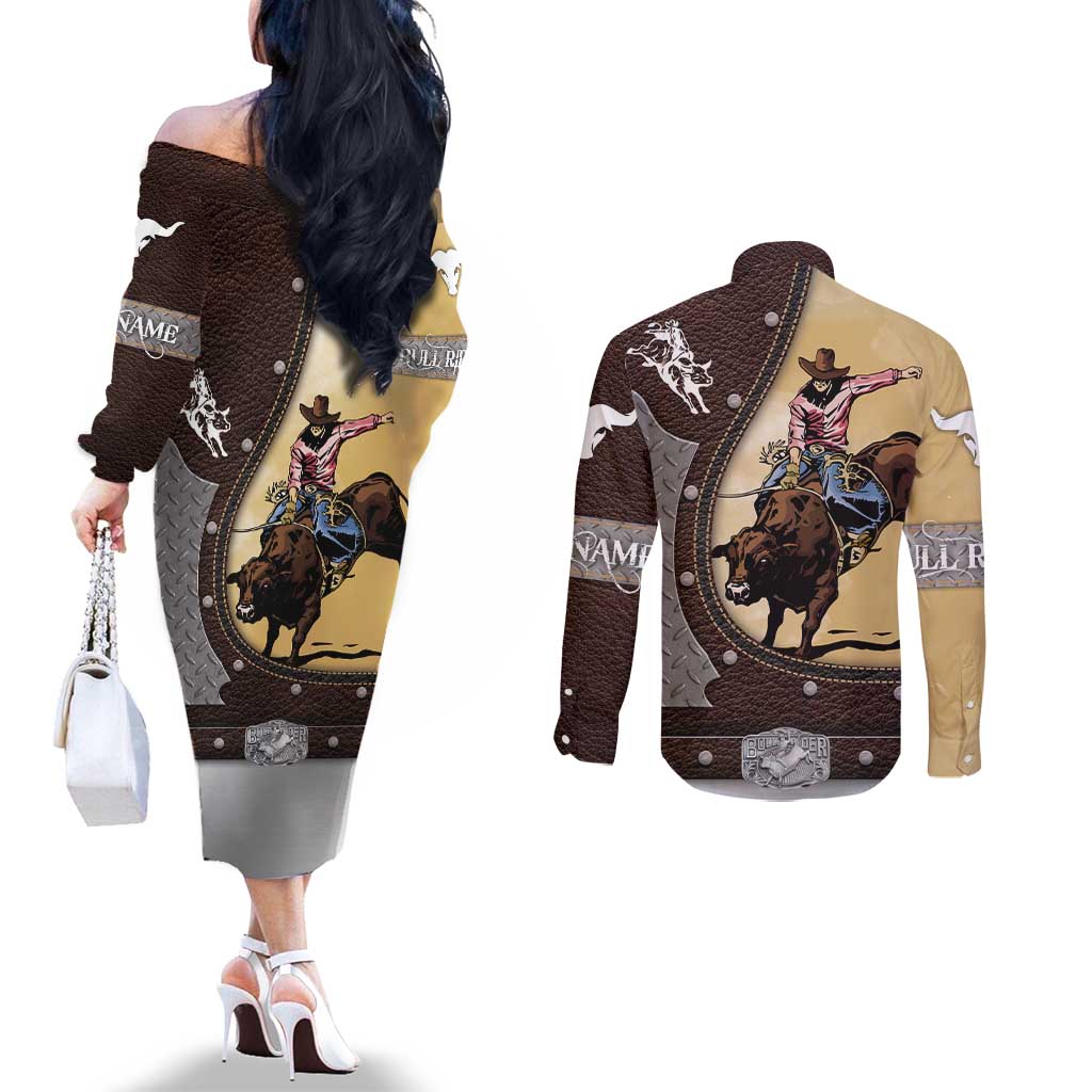 Personalized Name Bull Riding Couples Matching Off The Shoulder Long Sleeve Dress and Long Sleeve Button Shirt Cowboy Courage Rodeo