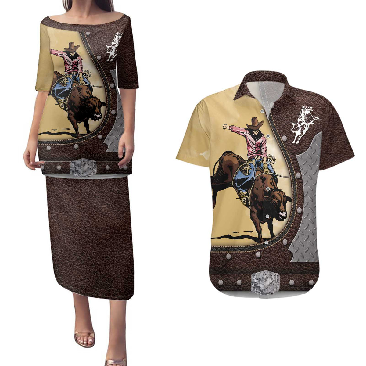 Personalized Name Bull Riding Couples Matching Puletasi and Hawaiian Shirt Cowboy Courage Rodeo