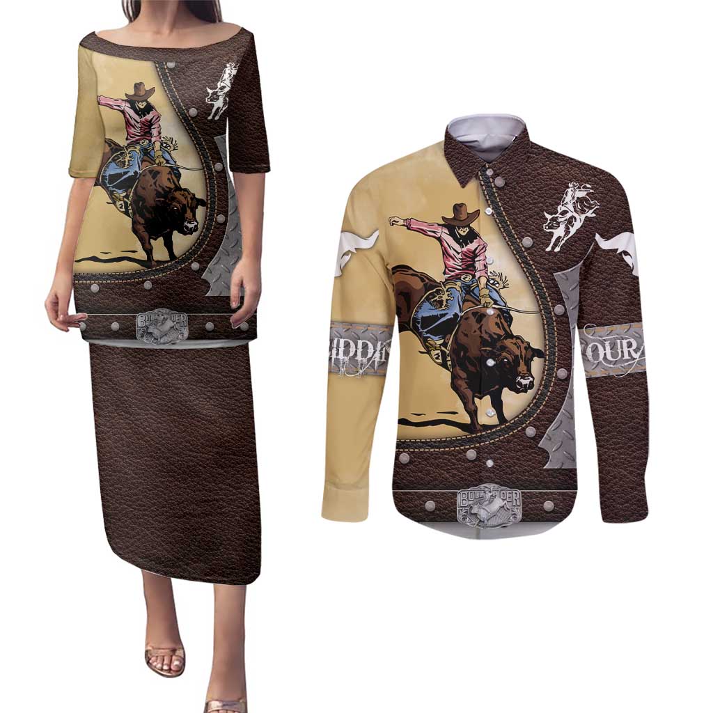 Personalized Name Bull Riding Couples Matching Puletasi and Long Sleeve Button Shirt Cowboy Courage Rodeo