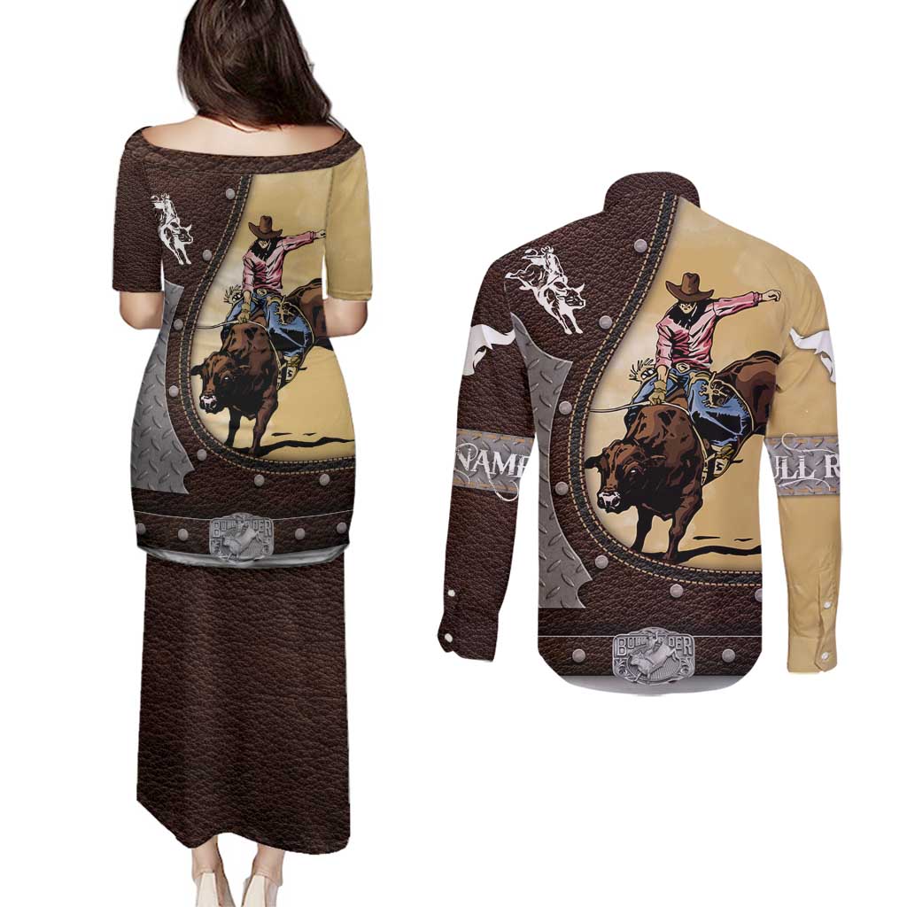 Personalized Name Bull Riding Couples Matching Puletasi and Long Sleeve Button Shirt Cowboy Courage Rodeo
