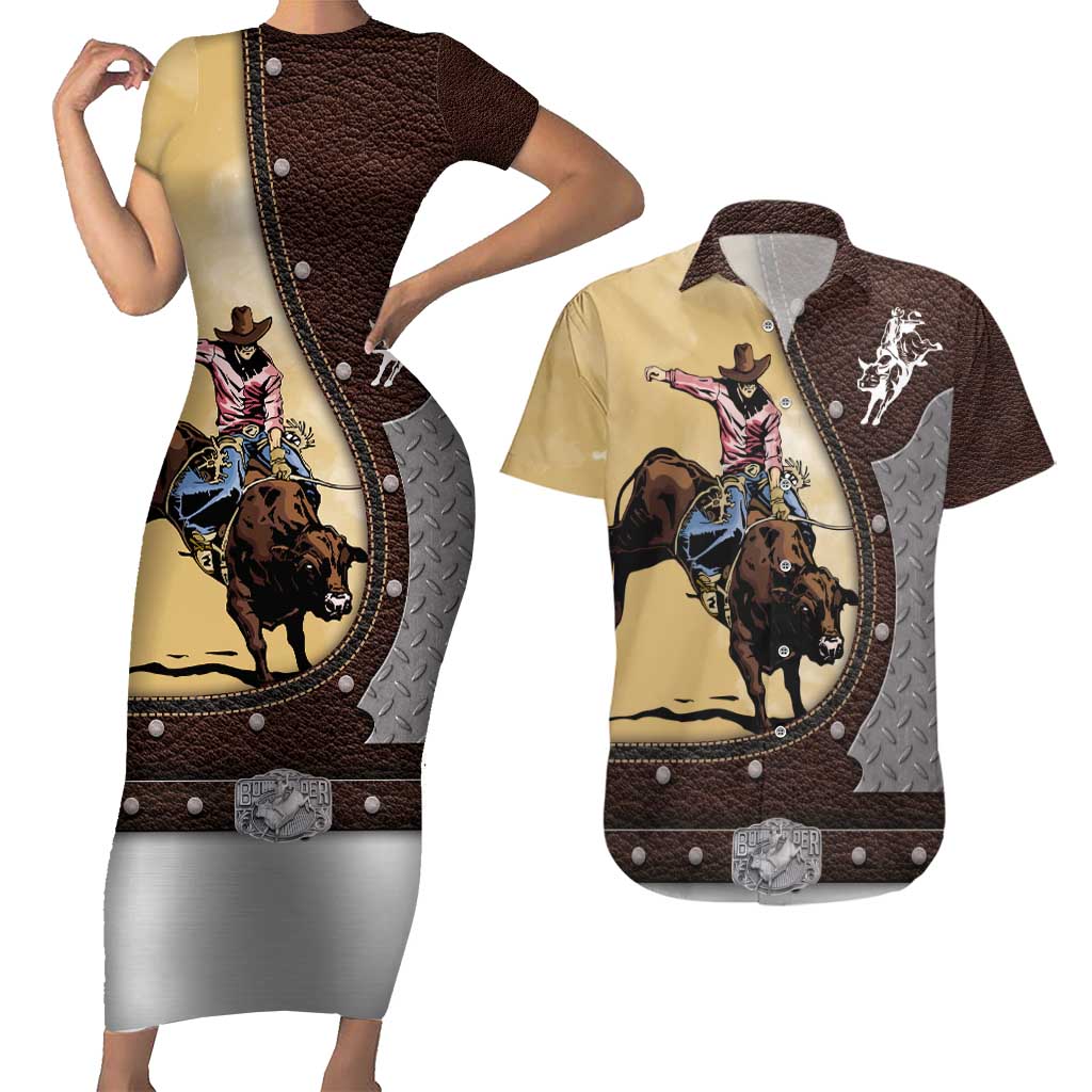 Personalized Name Bull Riding Couples Matching Short Sleeve Bodycon Dress and Hawaiian Shirt Cowboy Courage Rodeo