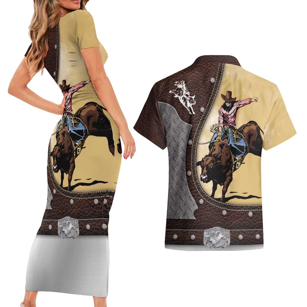 Personalized Name Bull Riding Couples Matching Short Sleeve Bodycon Dress and Hawaiian Shirt Cowboy Courage Rodeo
