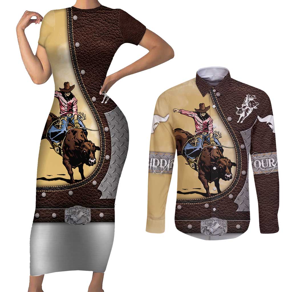 Personalized Name Bull Riding Couples Matching Short Sleeve Bodycon Dress and Long Sleeve Button Shirt Cowboy Courage Rodeo