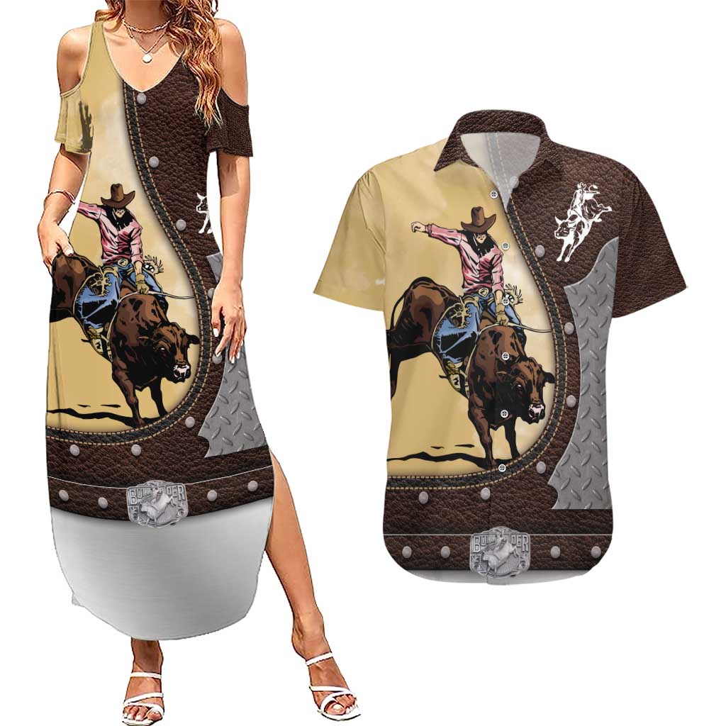 Personalized Name Bull Riding Couples Matching Summer Maxi Dress and Hawaiian Shirt Cowboy Courage Rodeo