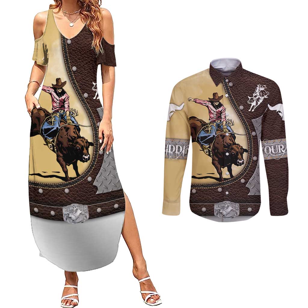 Personalized Name Bull Riding Couples Matching Summer Maxi Dress and Long Sleeve Button Shirt Cowboy Courage Rodeo