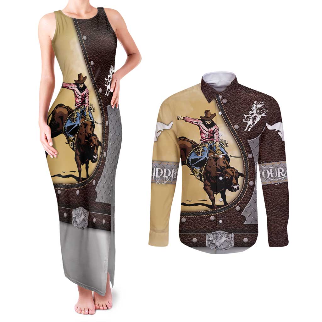 Personalized Name Bull Riding Couples Matching Tank Maxi Dress and Long Sleeve Button Shirt Cowboy Courage Rodeo