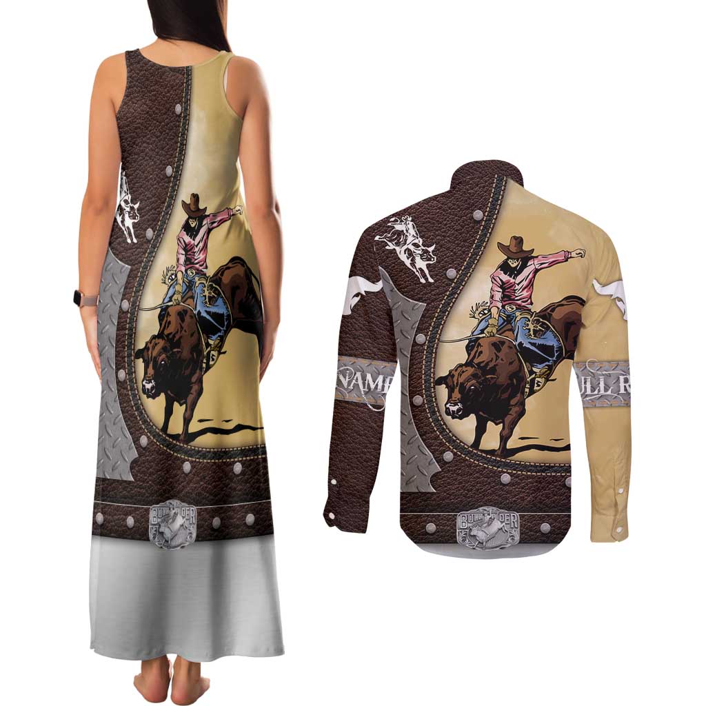 Personalized Name Bull Riding Couples Matching Tank Maxi Dress and Long Sleeve Button Shirt Cowboy Courage Rodeo