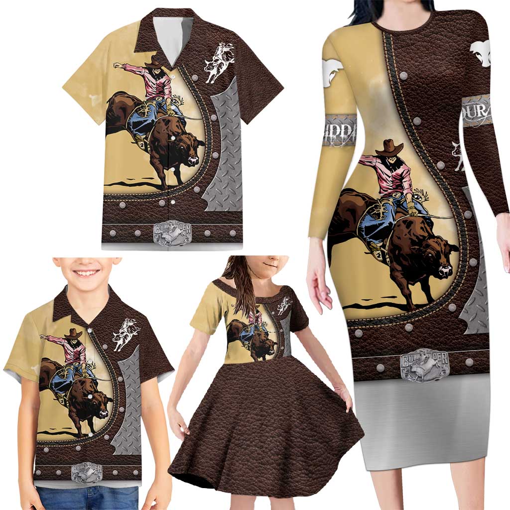 Personalized Name Bull Riding Family Matching Long Sleeve Bodycon Dress and Hawaiian Shirt Cowboy Courage Rodeo