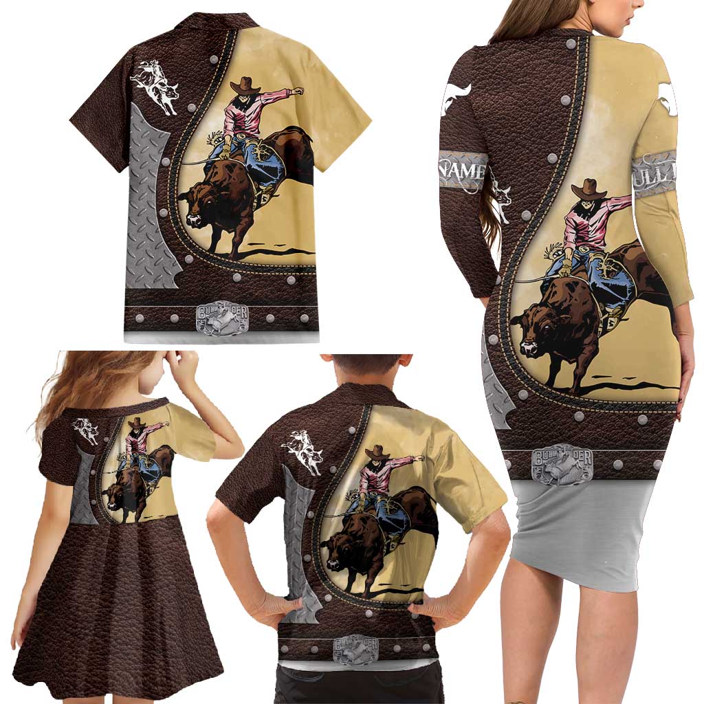 Personalized Name Bull Riding Family Matching Long Sleeve Bodycon Dress and Hawaiian Shirt Cowboy Courage Rodeo