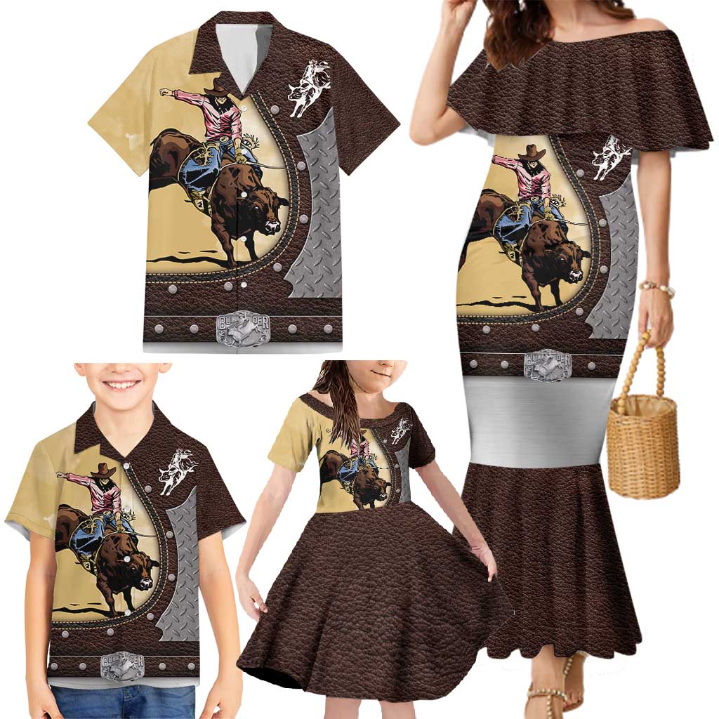 Personalized Name Bull Riding Family Matching Mermaid Dress and Hawaiian Shirt Cowboy Courage Rodeo