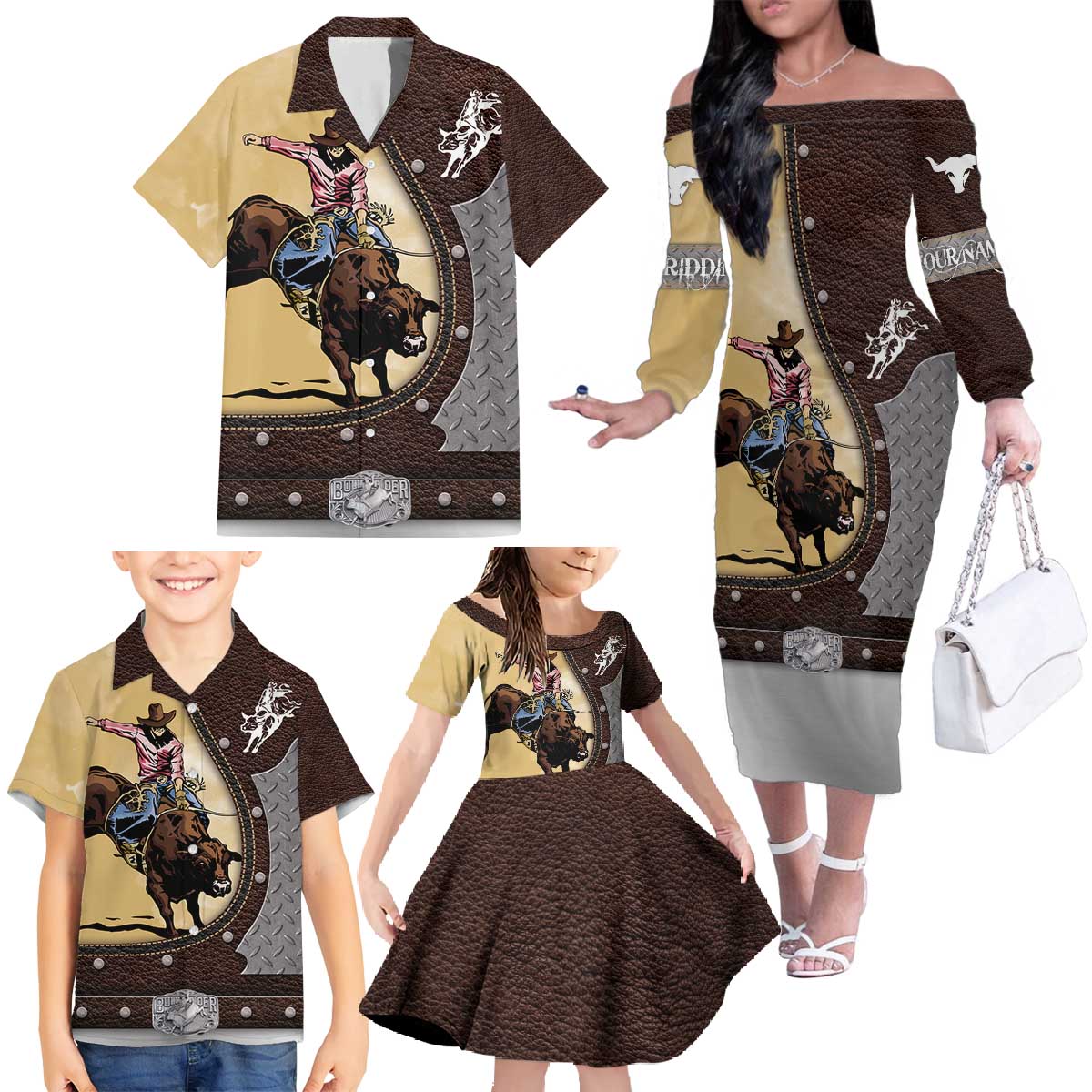 Personalized Name Bull Riding Family Matching Off The Shoulder Long Sleeve Dress and Hawaiian Shirt Cowboy Courage Rodeo