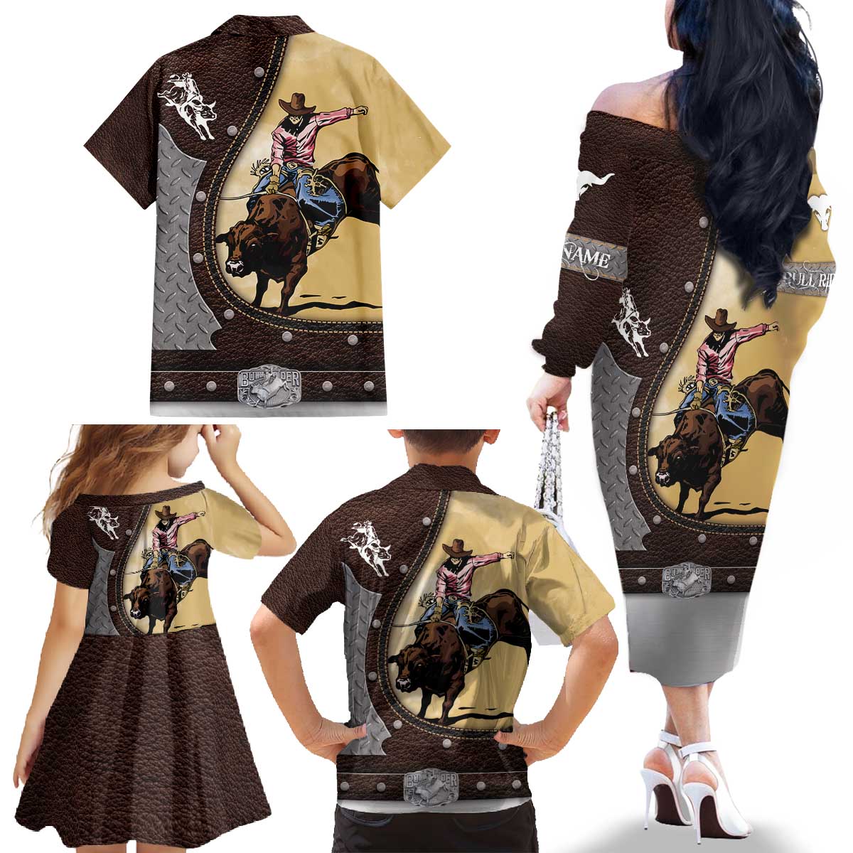 Personalized Name Bull Riding Family Matching Off The Shoulder Long Sleeve Dress and Hawaiian Shirt Cowboy Courage Rodeo