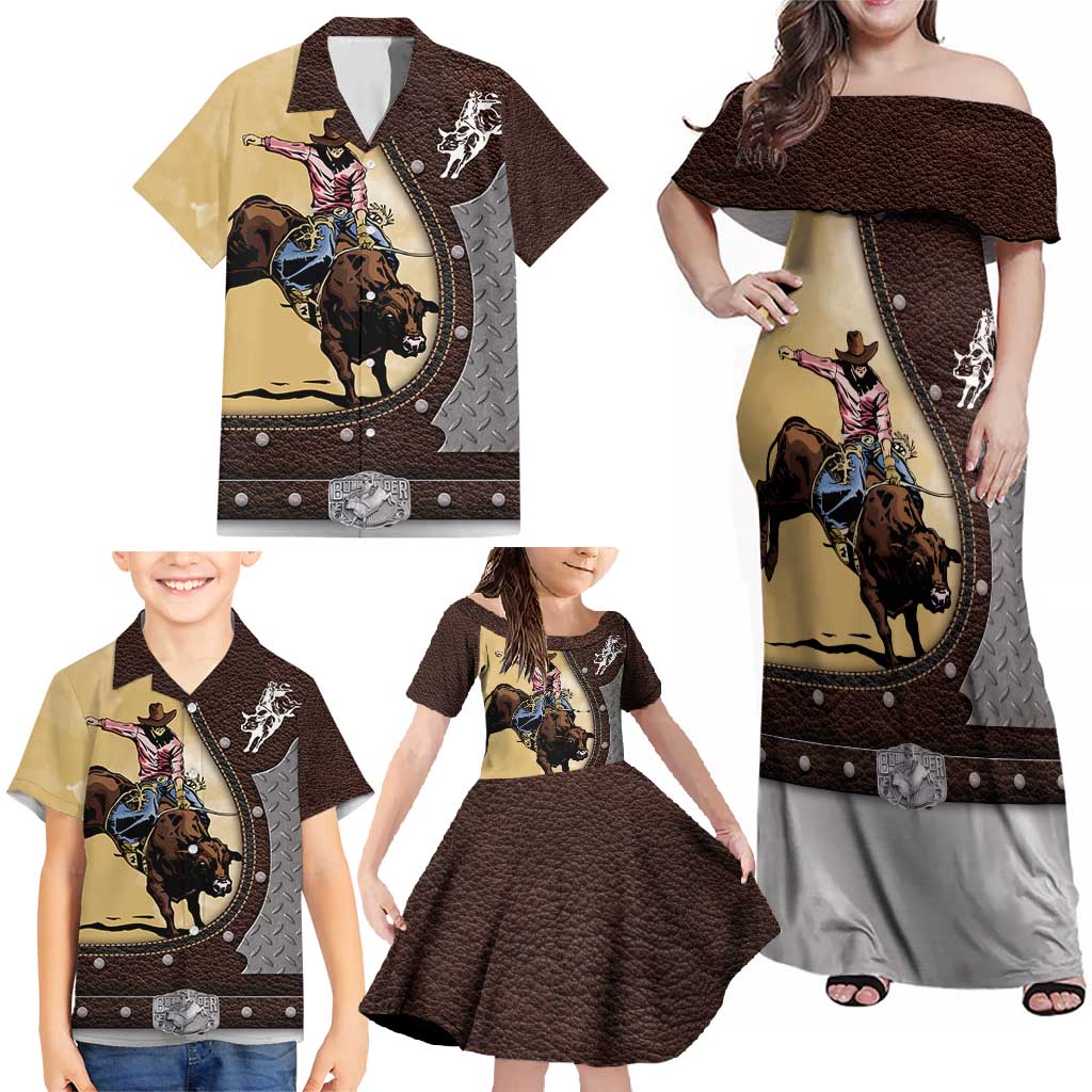 Personalized Name Bull Riding Family Matching Off Shoulder Maxi Dress and Hawaiian Shirt Cowboy Courage Rodeo