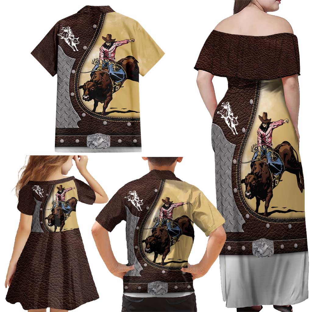 Personalized Name Bull Riding Family Matching Off Shoulder Maxi Dress and Hawaiian Shirt Cowboy Courage Rodeo