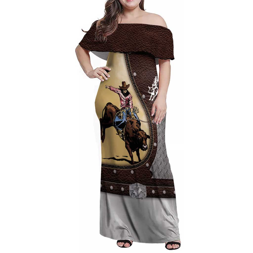 Personalized Name Bull Riding Family Matching Off Shoulder Maxi Dress and Hawaiian Shirt Cowboy Courage Rodeo