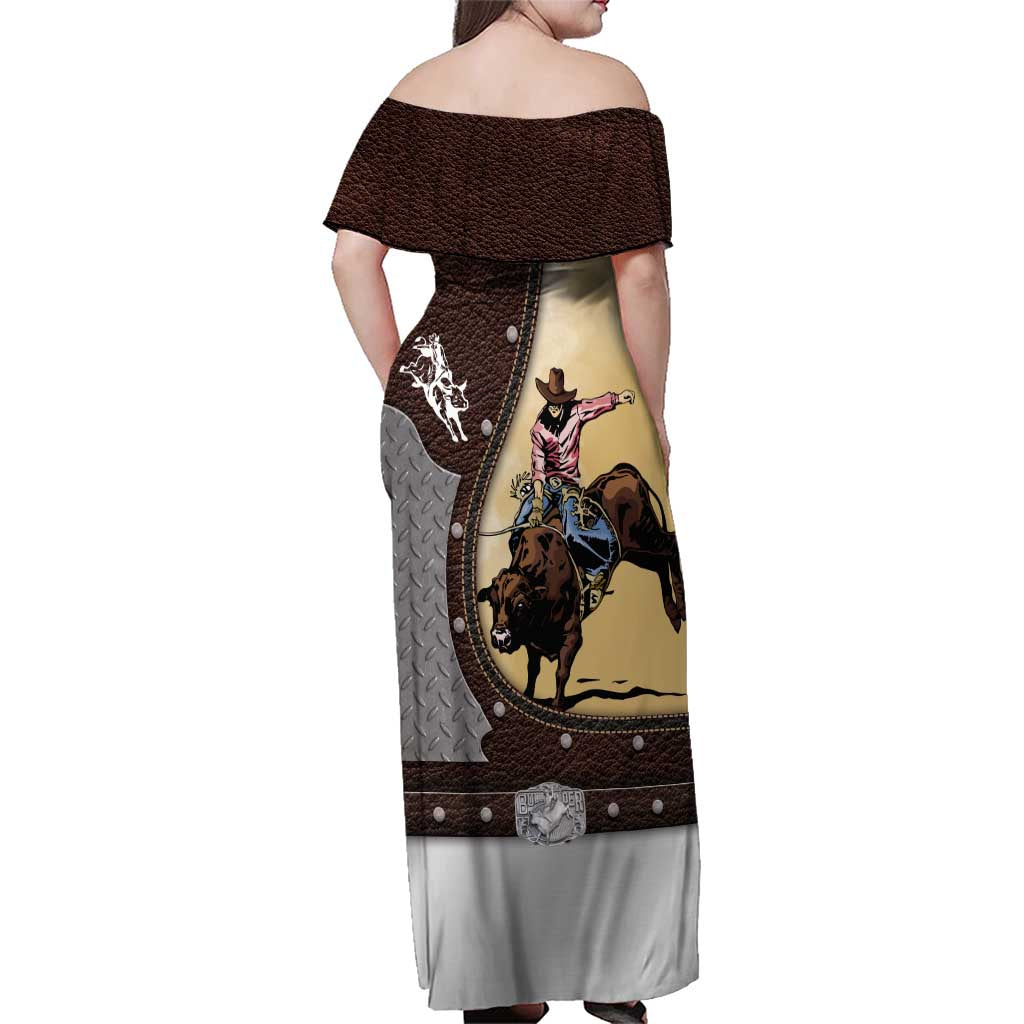 Personalized Name Bull Riding Family Matching Off Shoulder Maxi Dress and Hawaiian Shirt Cowboy Courage Rodeo