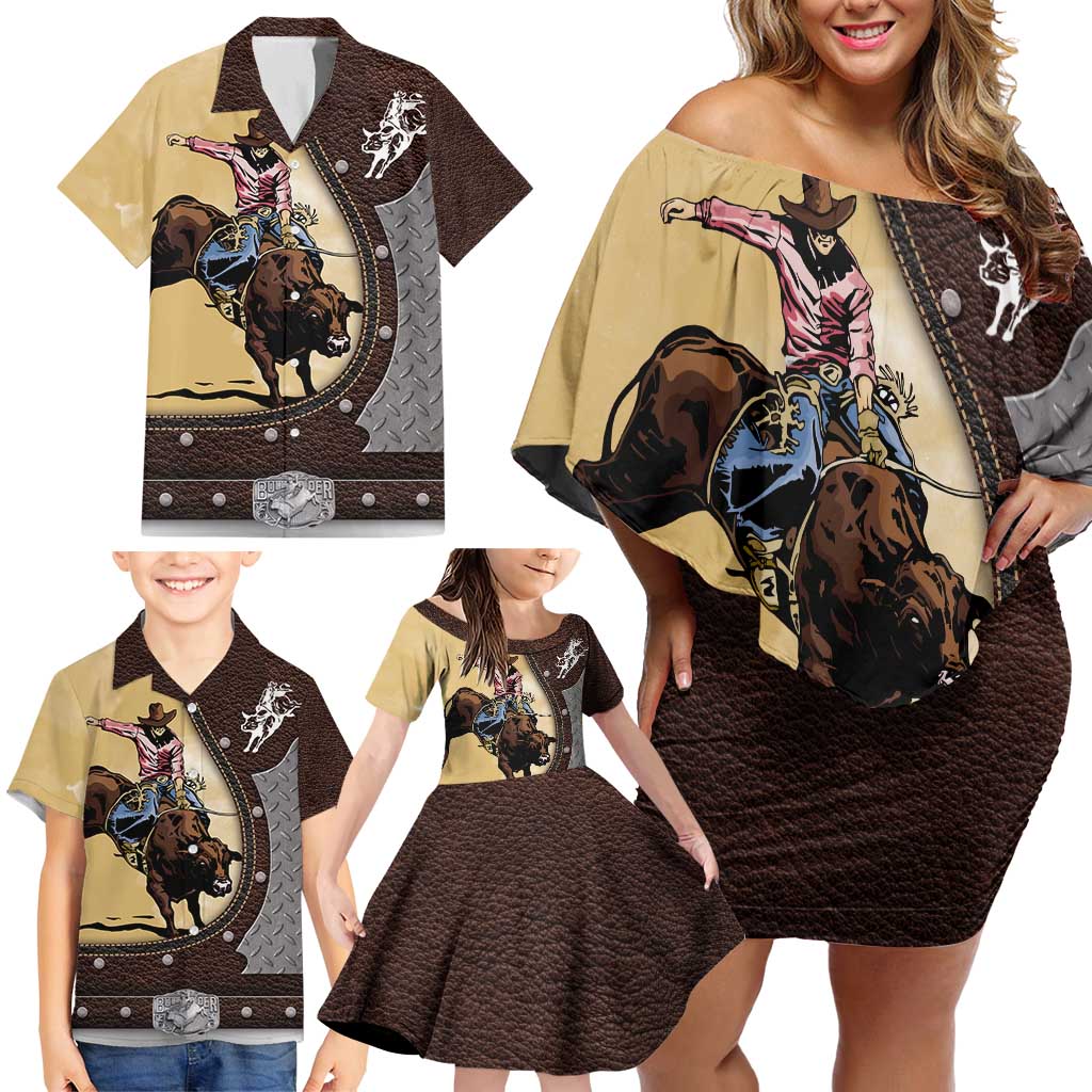 Personalized Name Bull Riding Family Matching Off Shoulder Short Dress and Hawaiian Shirt Cowboy Courage Rodeo