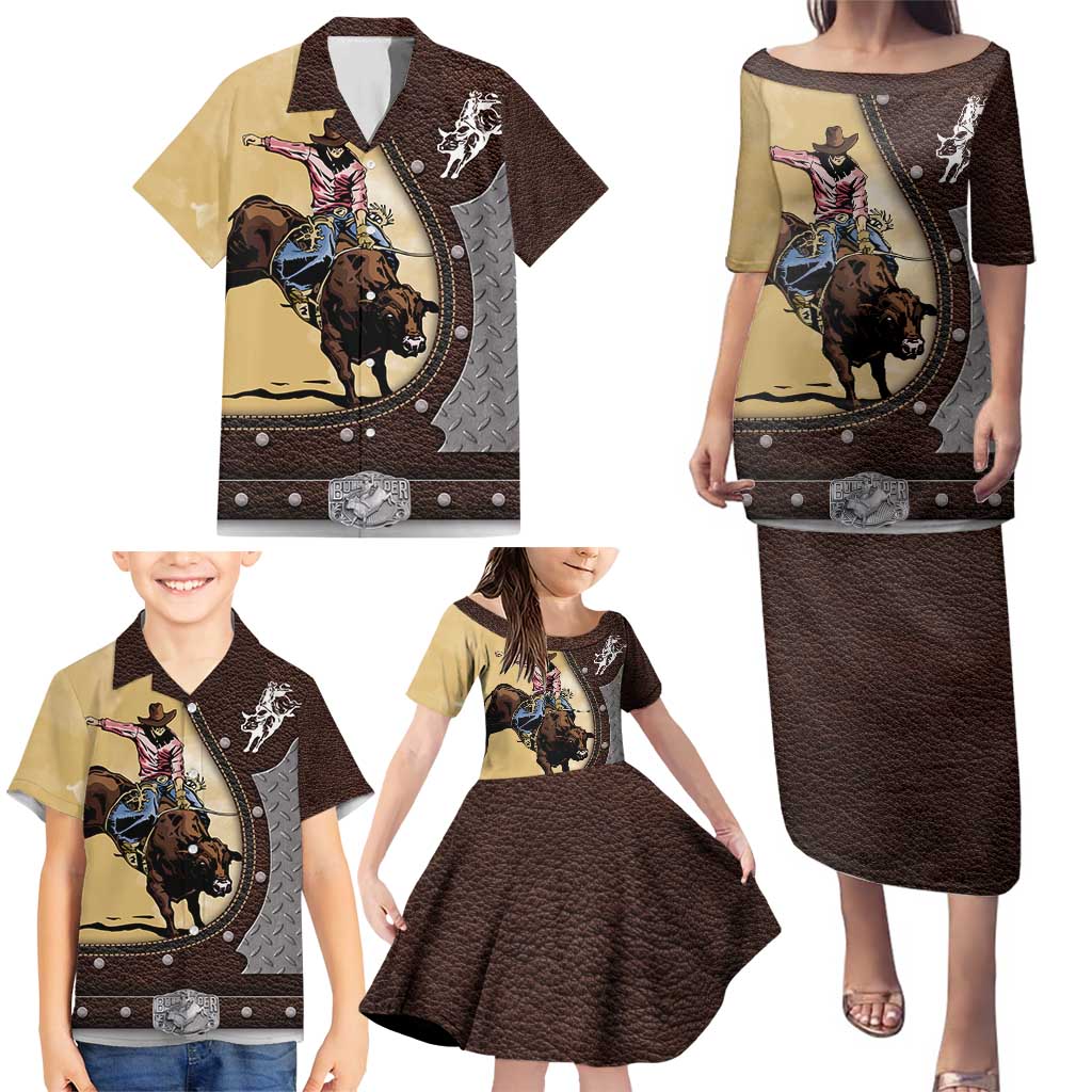 Personalized Name Bull Riding Family Matching Puletasi and Hawaiian Shirt Cowboy Courage Rodeo