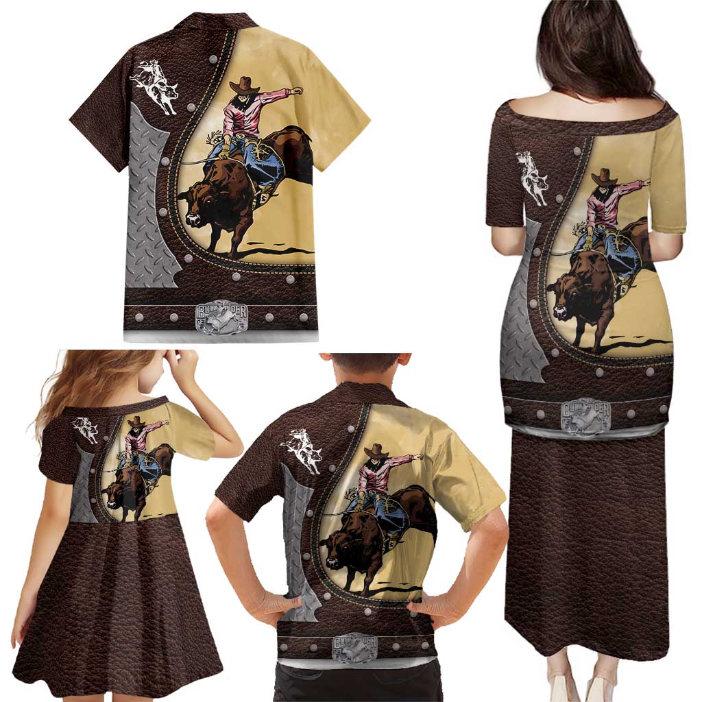 Personalized Name Bull Riding Family Matching Puletasi and Hawaiian Shirt Cowboy Courage Rodeo
