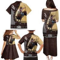 Personalized Name Bull Riding Family Matching Puletasi and Hawaiian Shirt Cowboy Courage Rodeo
