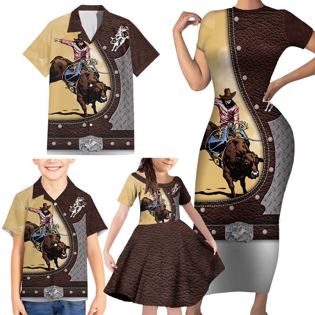 Personalized Name Bull Riding Family Matching Short Sleeve Bodycon Dress and Hawaiian Shirt Cowboy Courage Rodeo
