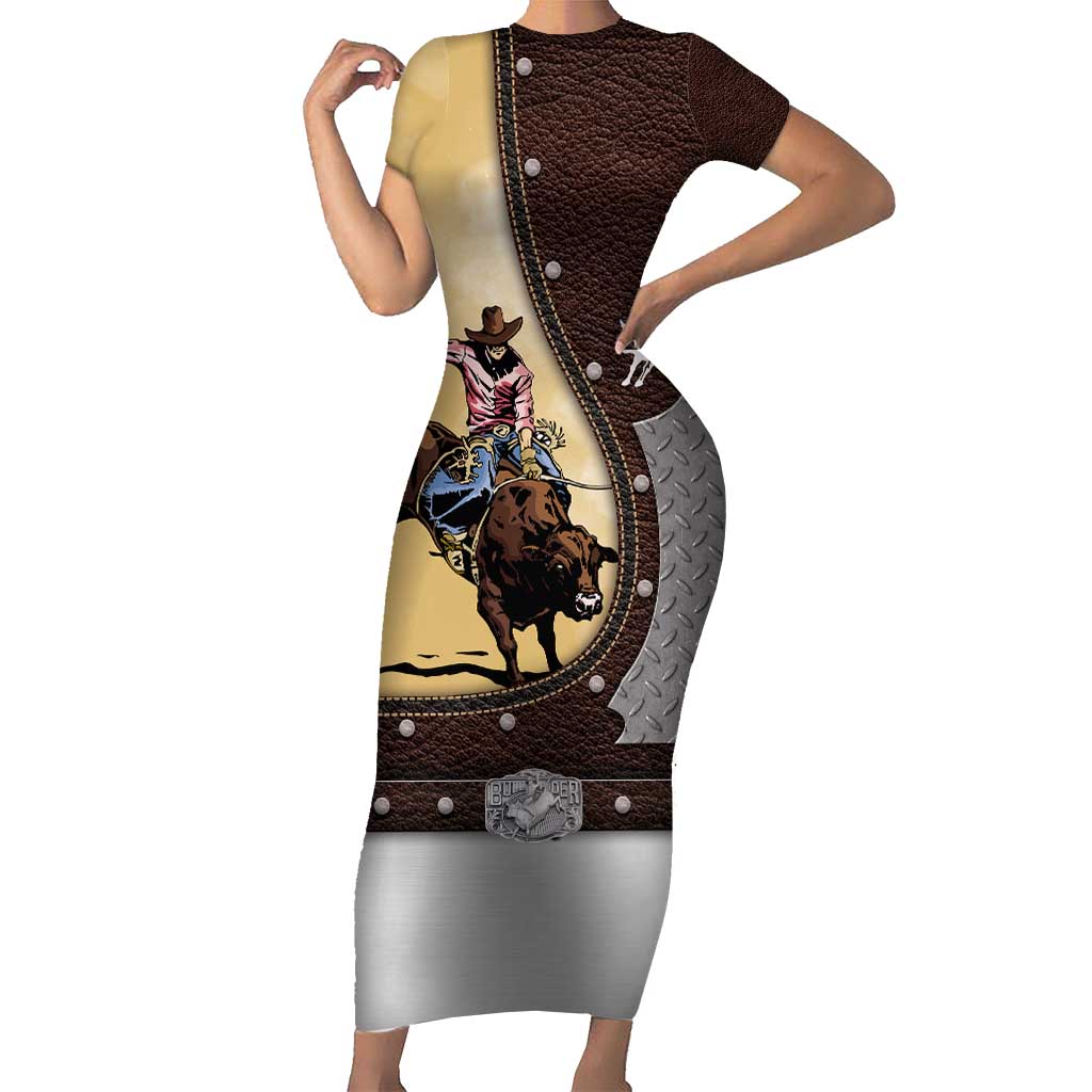 Personalized Name Bull Riding Family Matching Short Sleeve Bodycon Dress and Hawaiian Shirt Cowboy Courage Rodeo