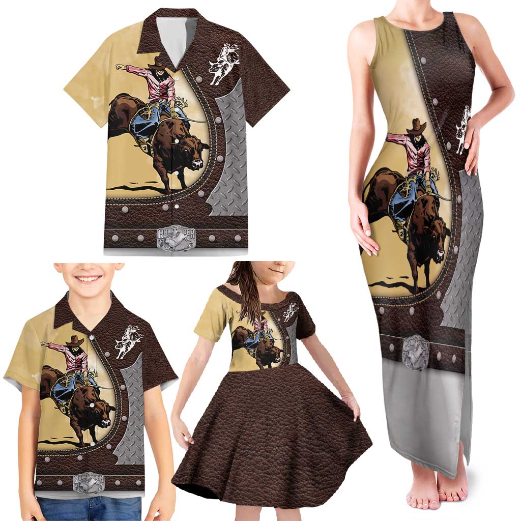 Personalized Name Bull Riding Family Matching Tank Maxi Dress and Hawaiian Shirt Cowboy Courage Rodeo