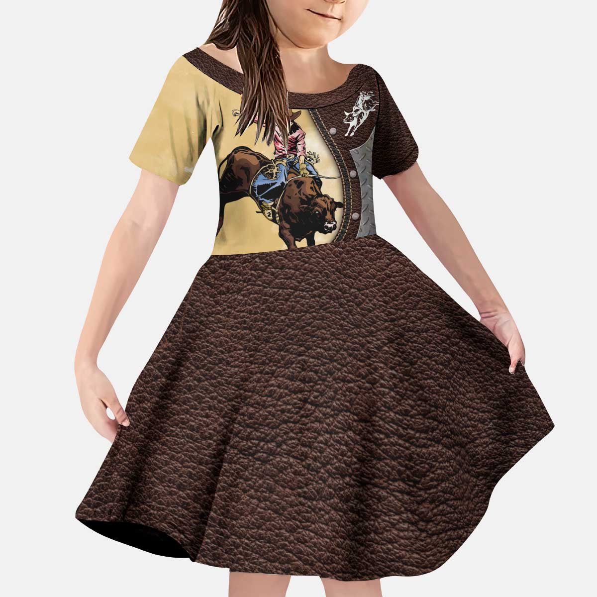 Personalized Name Bull Riding Kid Short Sleeve Dress Cowboy Courage Rodeo