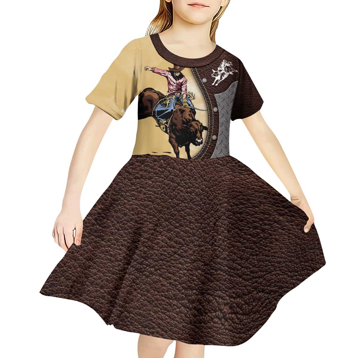 Personalized Name Bull Riding Kid Short Sleeve Dress Cowboy Courage Rodeo