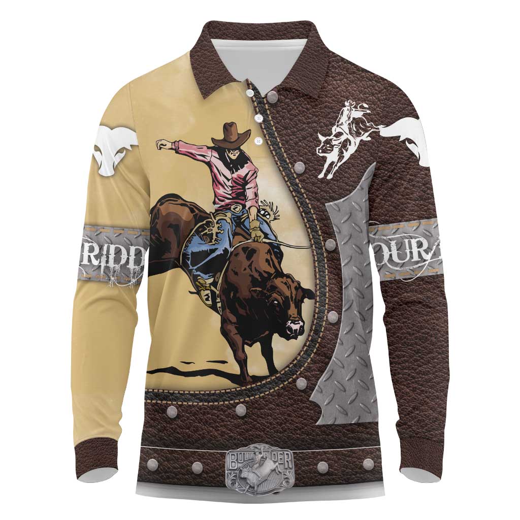 Personalized Name Bull Riding Long Sleeve Polo Shirt Cowboy Courage Rodeo